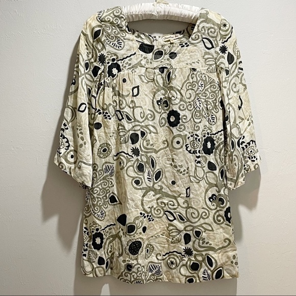 CHARLIE JOE Women’s Beige Abstract Floral Print Shift Dress Bell Sleeves Size M - Picture 1 of 7